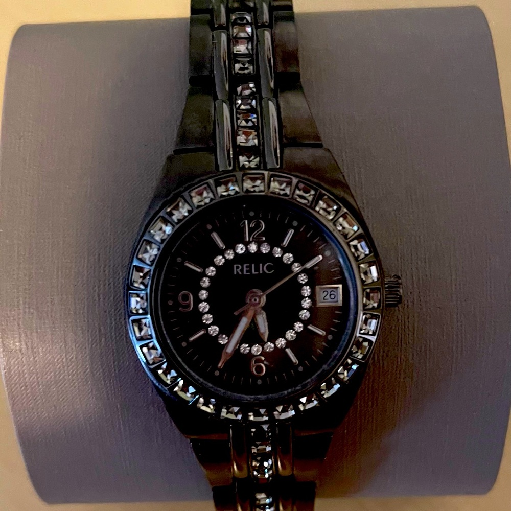 Jewelled black watch, excellent condition!